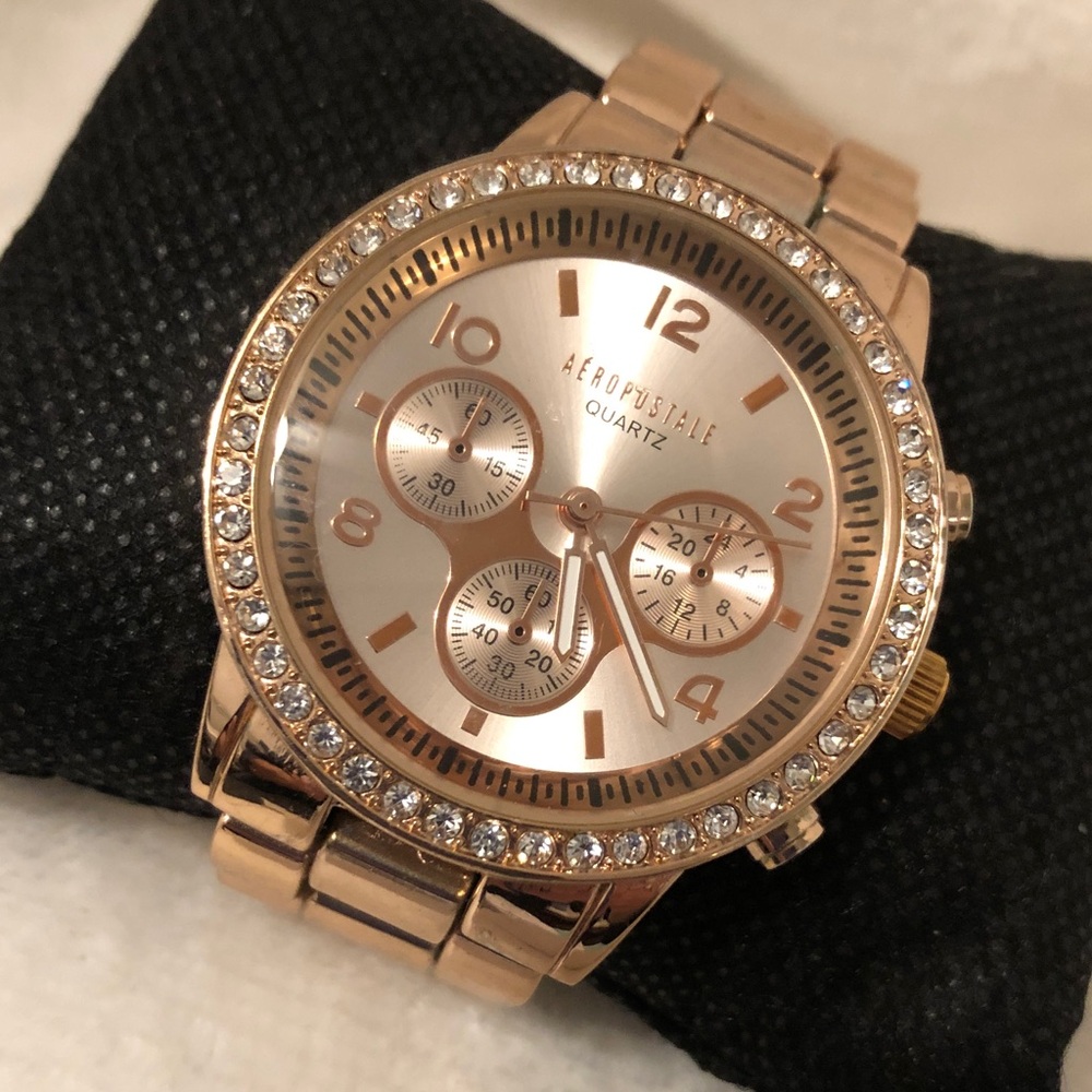 Aeropostale Women's Rose Gold Tone Quartz Bracelet Watch with Crystal Bezel